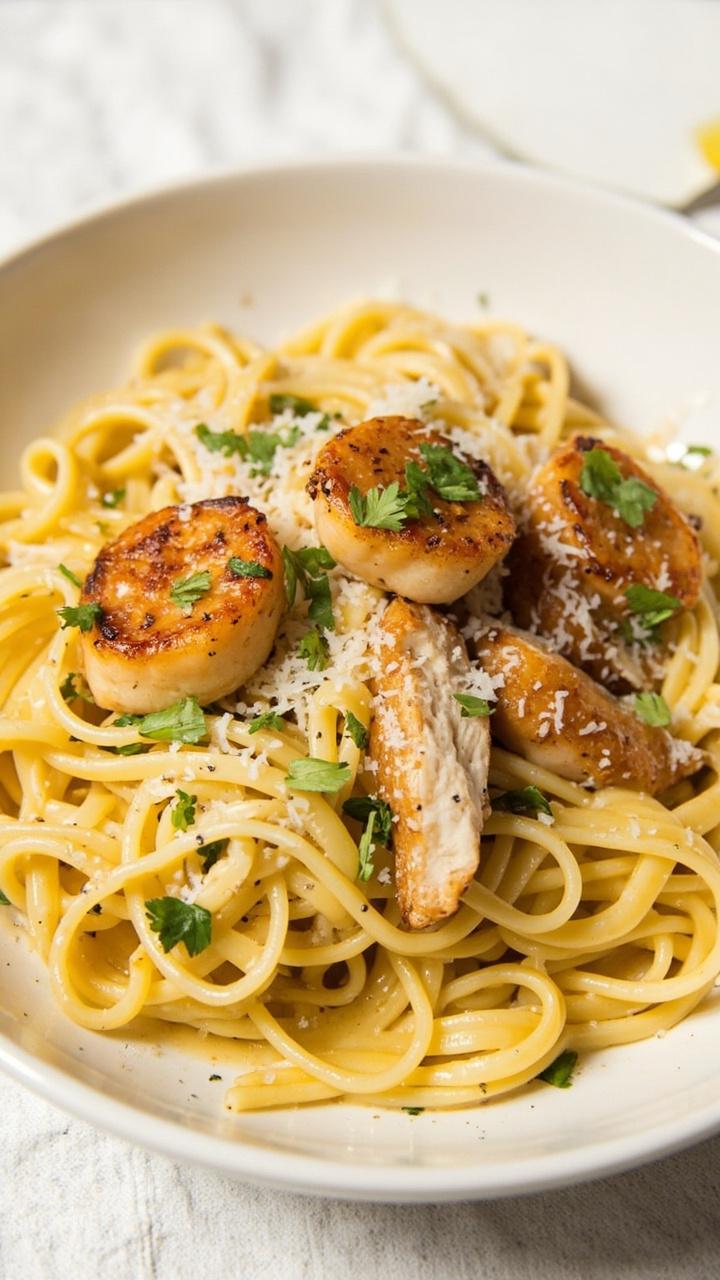 A shallow pasta bowl with linguine tossed in glossy lemon garlic sauce, sliced chicken and three seared scallops arranged on top, sprinkle of chopped parsley and grated Parmesan, linen placemat visible.