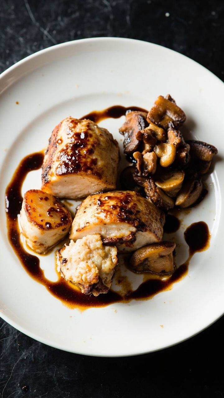 A wide rimmed plate with two sliced balsamic glazed chicken breasts, seared scallops arranged between slices, roasted cremini mushrooms clustered to the side, a glossy balsamic drizzle over the top, dark slate under the plate.