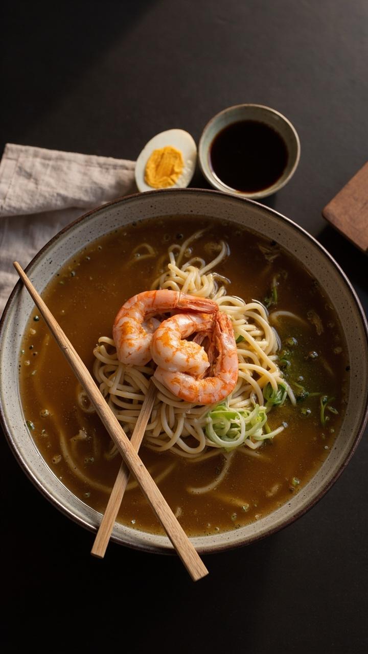 A deep ceramic bowl with clear light brown broth and a neat nest of noodles in the center topped with three pink shrimp and sliced green onions scattered on top A soft boiled egg halved sits on the rim and a pair of wooden chopsticks rests across the bowl A linen napkin and small soy dish sit at the side
