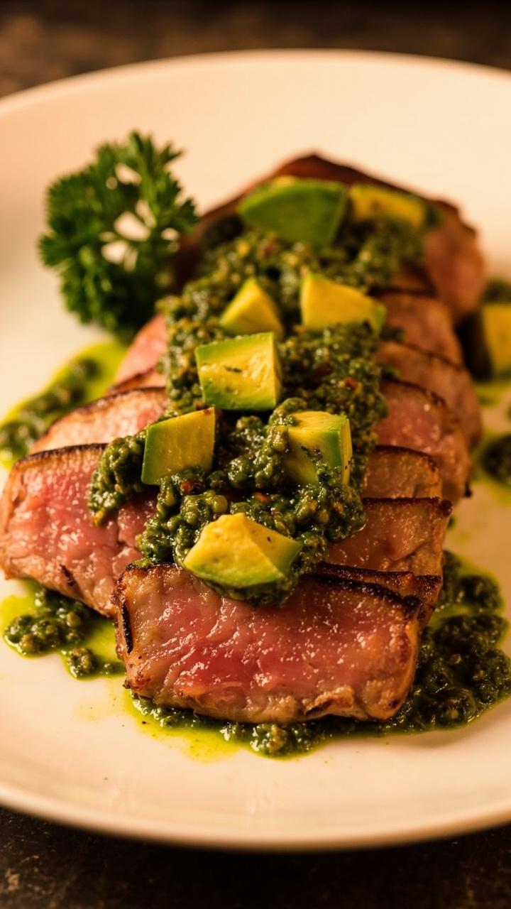 Sliced grilled tuna steak fanned out on a white plate, generously topped with chunky green avocado chimichurri, with a small bunch of fresh parsley on the side. Sliced grilled tuna steak fanned out on a white plate, generously topped with chunky green avocado chimichurri, with a small bunch of fresh parsley on the side.