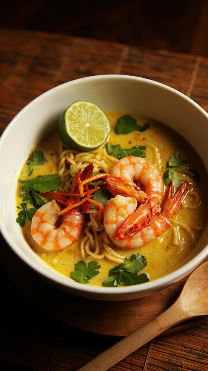 A shallow white bowl filled with pale yellow coconut curry broth and thin ramen noodles Three richly colored shrimp sit on top with a lime wedge on the rim Fresh cilantro leaves are scattered and a small pile of thin red chili slices adds color A wooden placemat and spoon complete the scene