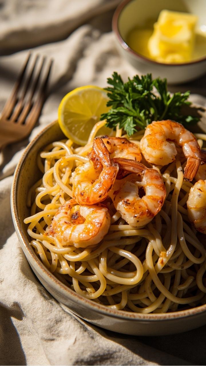 A shallow bowl with glossy butter coated ramen noodles and several golden seared shrimp on top Thin strips of parsley and a lemon wedge sit on the rim A small melted butter dish and a wooden fork sit beside on a neutral linen