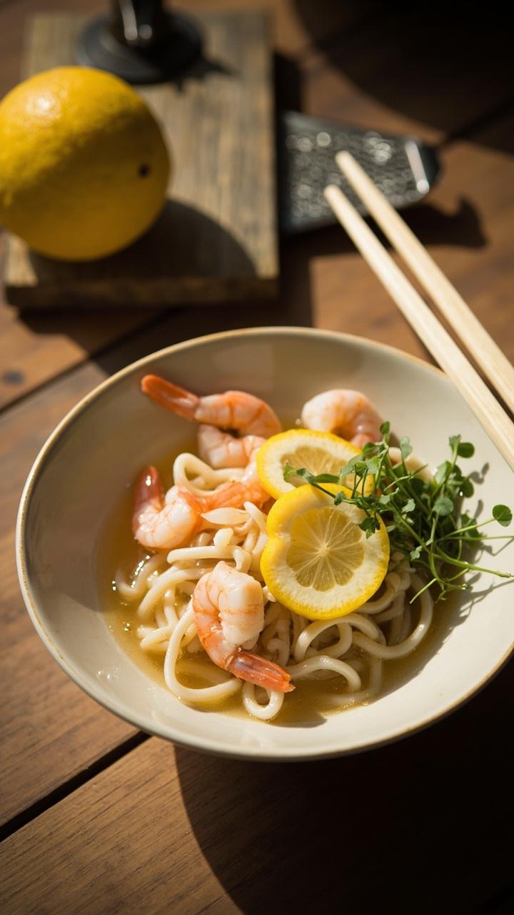 A light colored bowl with clear tangy broth a small nest of noodles and three shrimp topped with thin lemon slices and microgreens A whole lemon half and a small grater rest on a wooden board nearby A pair of white chopsticks lies across the bowl