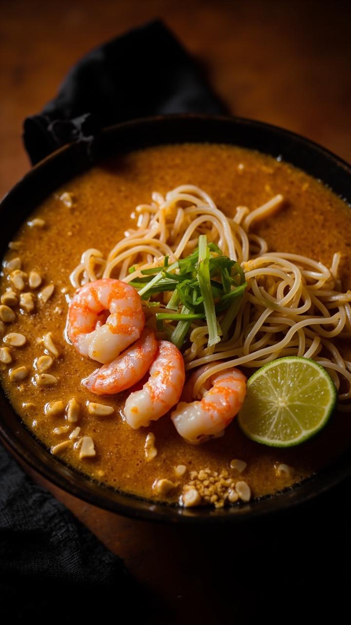 A round bowl with thick tan peanut broth and tangled ramen noodles Half a dozen shrimp sit in a fan formation with a scattering of chopped peanuts and sliced scallions A small wedge of lime and a dark napkin sit at the side