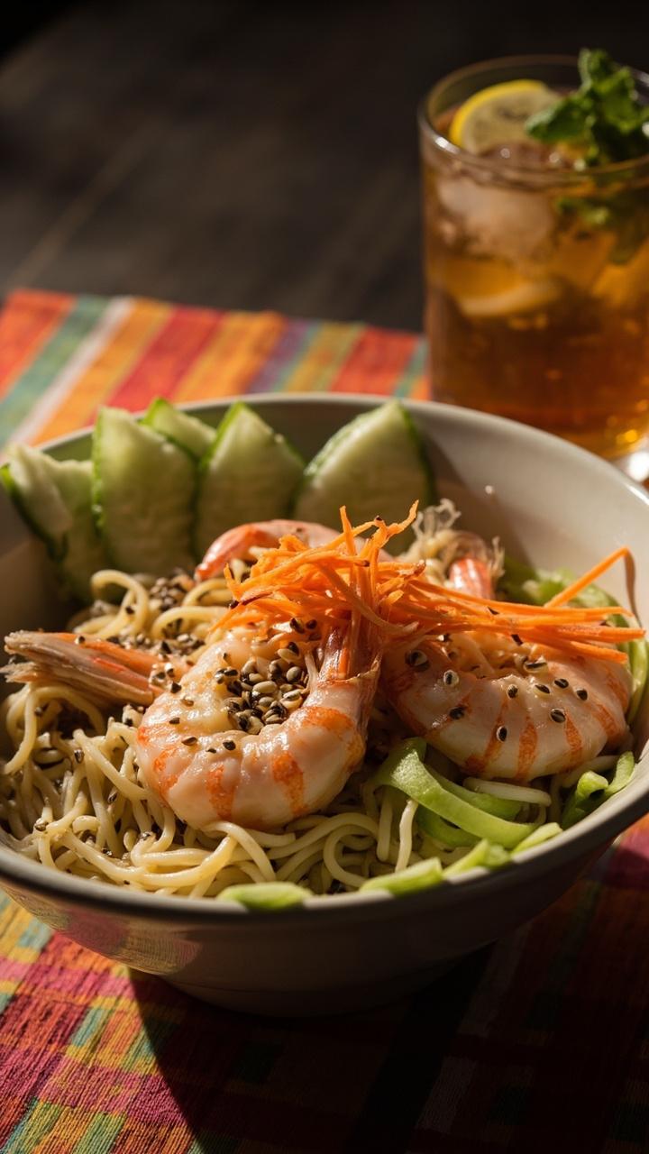 A shallow wide bowl with chilled ramen noodles tossed in sesame dressing and sliced cucumber ribbons Three chilled shrimp sit on top with a scatter of toasted sesame seeds and thin carrot matchsticks A chilled glass of iced tea rests beside on a bright placemat