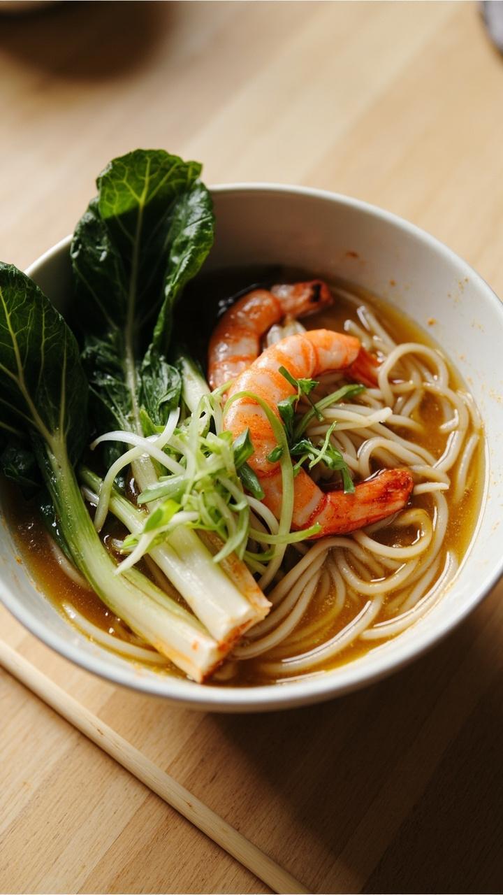A medium bowl with clear broth noodles baby bok choy leaves fanned to one side and plump shrimp arranged on top A sprinkle of sliced scallions and a small drizzle of chili oil make a tidy composition A light wood table and chopsticks sit beside