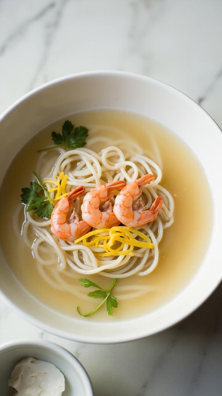A white porcelain bowl with pale translucent broth and a neat nest of noodles Three shrimp sit on top with thin slices of yuzu or lemon zest and a few sprigs of cilantro A light marble surface and small spoon with yuzu paste sit nearby