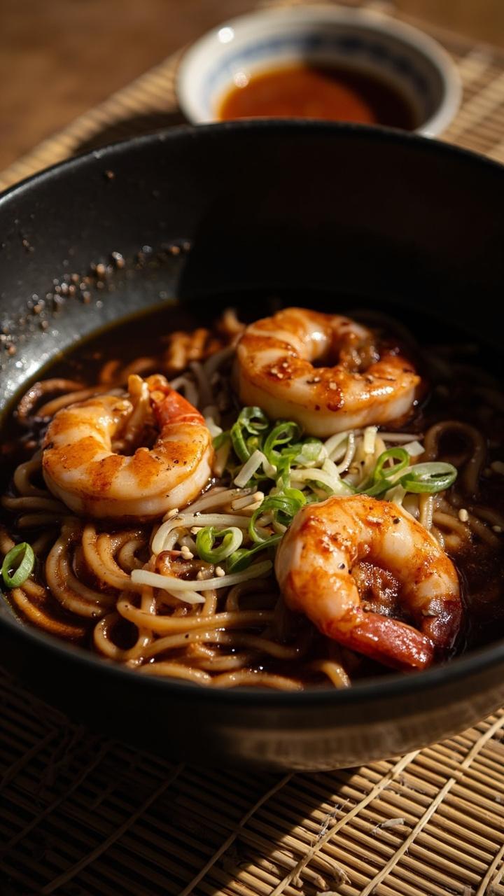 A shallow dark bowl with glossy dark teriyaki broth and ramen noodles Three glazed shrimp with a shiny coating sit on top with sliced green onion and sesame seeds A bamboo mat and small dish of extra teriyaki sit beside