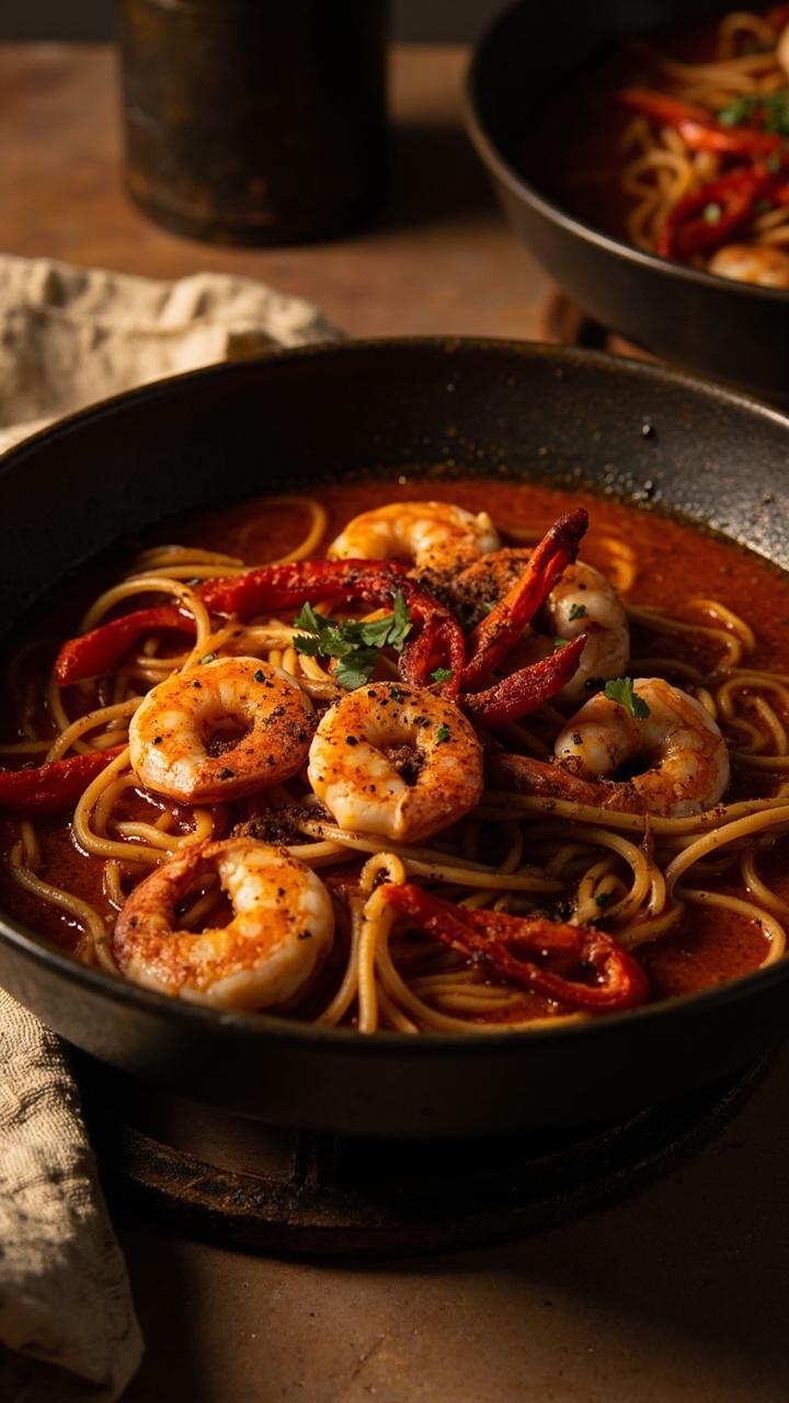 A dark shallow bowl with reddish tinted broth and noodles topped with a few smoked paprika dusted shrimp Thin sliced roasted red pepper and a sprinkle of chopped parsley complete the look A cast iron trivet and a rustic napkin sit beside