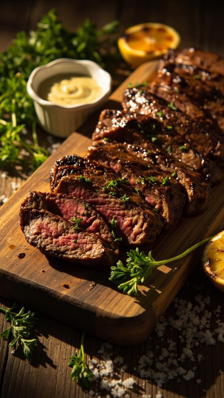 Grilled steak sliced on a wooden board, bright green parsley sprigs scattered, a small white bowl with pale yellow marinade, lemon halves nearby, coarse salt visible on the board Grilled steak sliced on a wooden board, bright green parsley sprigs scattered, a small white bowl with pale yellow marinade, lemon halves nearby, coarse salt visible on the board