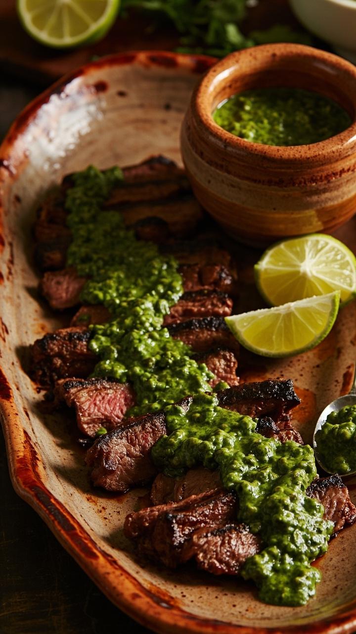 Sliced steak topped with spoonfuls of green chimichurri like sauce, a small bowl of extra chimichurri on the side, lime wedges, rustic ceramic plate, charred grill marks visible on the steak Sliced steak topped with spoonfuls of green chimichurri like sauce, a small bowl of extra chimichurri on the side, lime wedges, rustic ceramic plate, charred grill marks visible on the steak