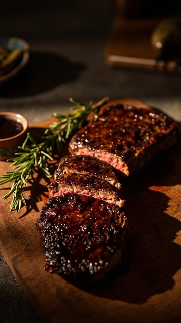 Thick steak slices with a dark glossy glaze, sprigs of rosemary on the side, a small bowl of dark balsamic marinade, wooden cutting board, warm kitchen light Thick steak slices with a dark glossy glaze, sprigs of rosemary on the side, a small bowl of dark balsamic marinade, wooden cutting board, warm kitchen light