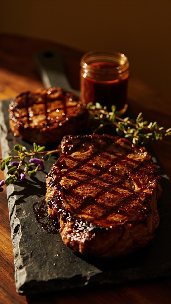 Thick slices of steak with a shiny brown glaze, small jar of maple bourbon marinade, sprig of thyme, slate serving board, warm amber tones Thick slices of steak with a shiny brown glaze, small jar of maple bourbon marinade, sprig of thyme, slate serving board, warm amber tones