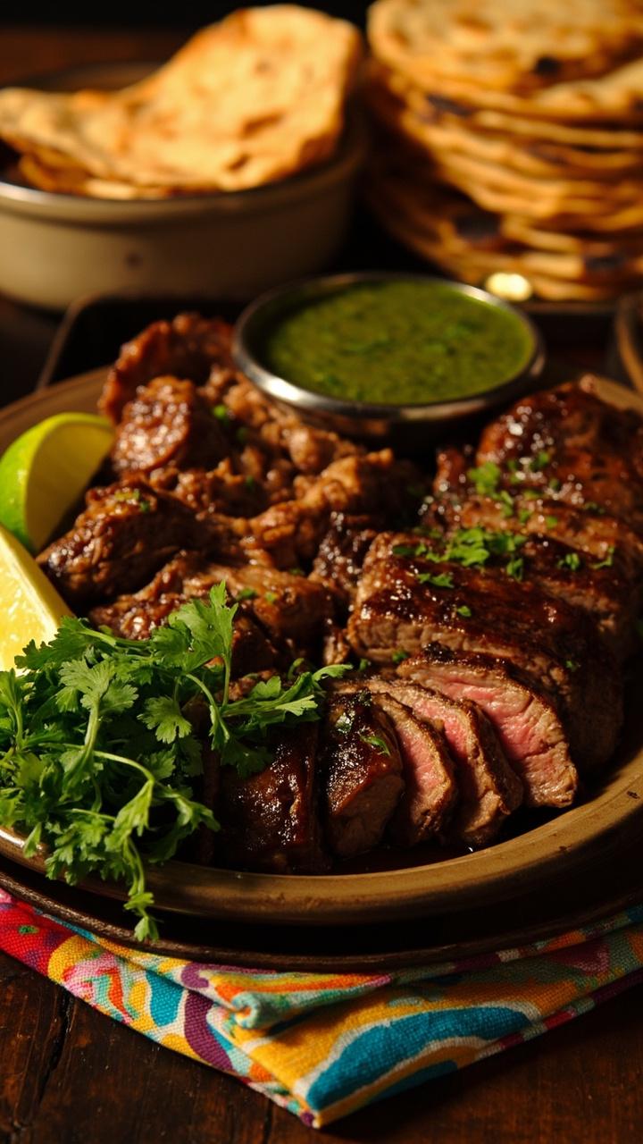 Sliced steak with lime wedges, handful of chopped cilantro sprinkled, small bowl of green marinade, corn tortillas stacked on the side, colorful napkin Sliced steak with lime wedges, handful of chopped cilantro sprinkled, small bowl of green marinade, corn tortillas stacked on the side, colorful napkin