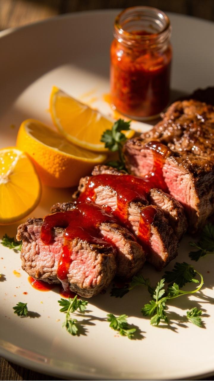 Sliced steak with a thin red glaze, orange and lemon wedges on the side, a small jar of harissa citrus marinade, a scattering of chopped parsley, ceramic plate Sliced steak with a thin red glaze, orange and lemon wedges on the side, a small jar of harissa citrus marinade, a scattering of chopped parsley, ceramic plate