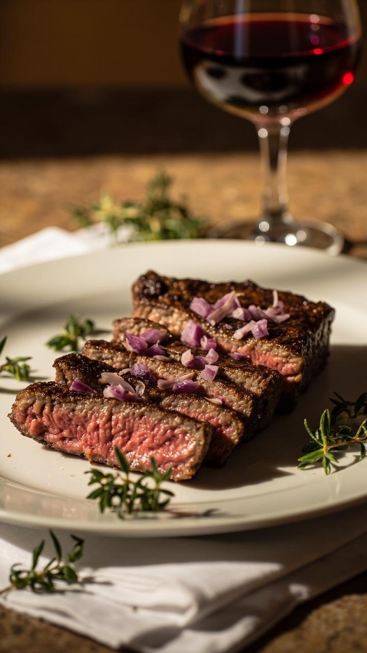 Sliced steak with light shallot bits on top, small glass of red wine in the background, sprigs of thyme, white plate with a linen napkin Sliced steak with light shallot bits on top, small glass of red wine in the background, sprigs of thyme, white plate with a linen napkin