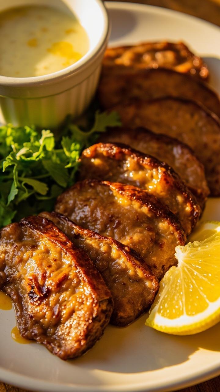 Light golden seared steak slices with a thin coat of yellow marinade traces, small bowl of pale yellow yogurt marinade, lemon wedge, sprig of cilantro, plain white plate Light golden seared steak slices with a thin coat of yellow marinade traces, small bowl of pale yellow yogurt marinade, lemon wedge, sprig of cilantro, plain white plate