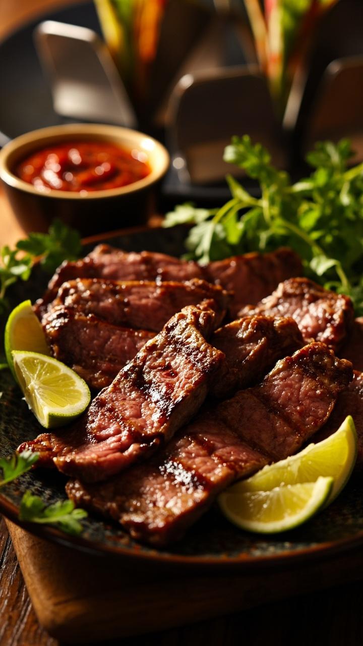 Grilled steak slices with a faint red glaze, lime wedges and small bowl of chipotle marinade, cilantro leaves sprinkled, metal taco holders in the background Grilled steak slices with a faint red glaze, lime wedges and small bowl of chipotle marinade, cilantro leaves sprinkled, metal taco holders in the background