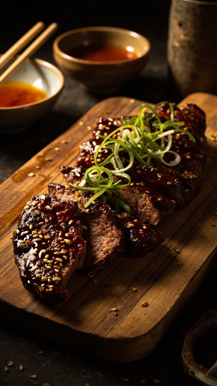 Glossy dark brown glazed steak slices, sesame seeds and sliced scallions on top, small bowl with amber teriyaki marinade, wooden board, chopsticks to the side Glossy dark brown glazed steak slices, sesame seeds and sliced scallions on top, small bowl with amber teriyaki marinade, wooden board, chopsticks to the side