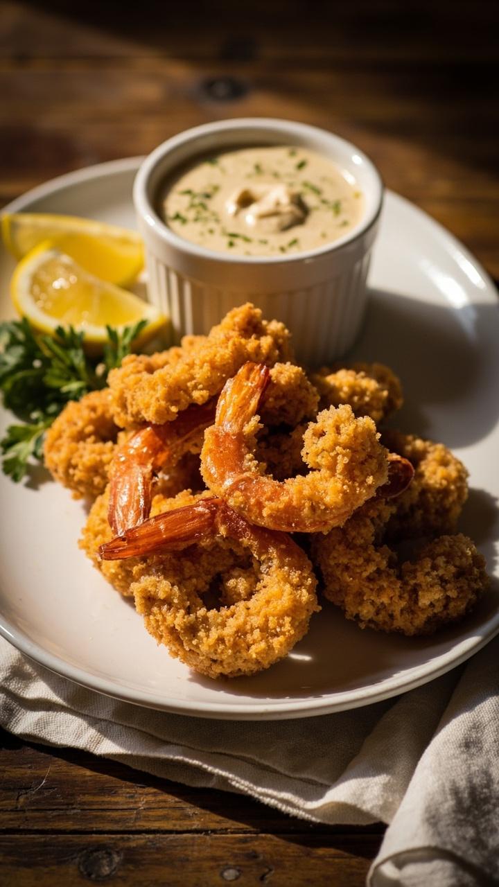golden breaded shrimp piled on a white oval plate, lemon wedges at one side, a small ramekin of creamy garlic dip, a sprinkle of bright green parsley, wooden table and a folded linen napkin