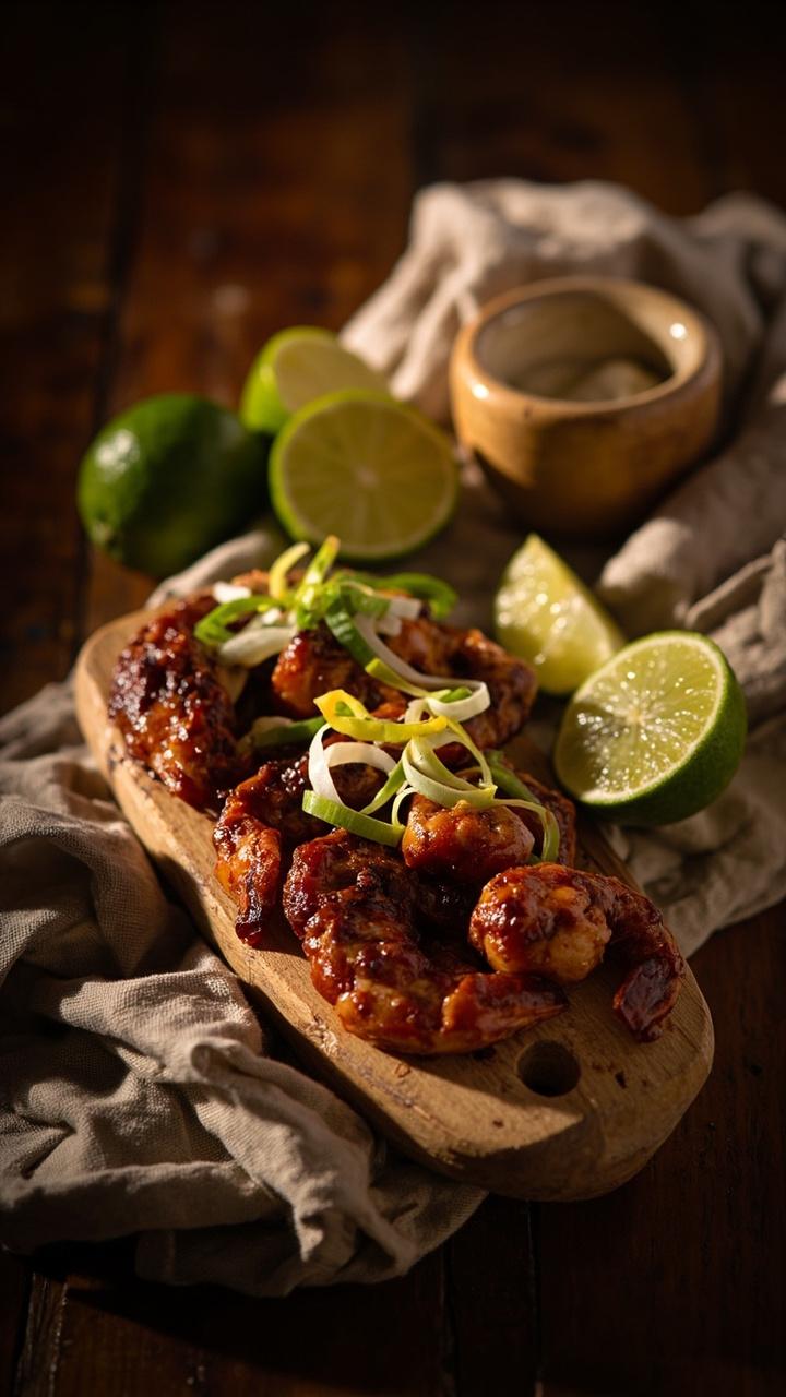 dark spiced shrimp arranged on a small wooden board, lime wedges, thinly sliced green onions scattered on top, a small bowl of creamy remoulade, rustic kitchen towel