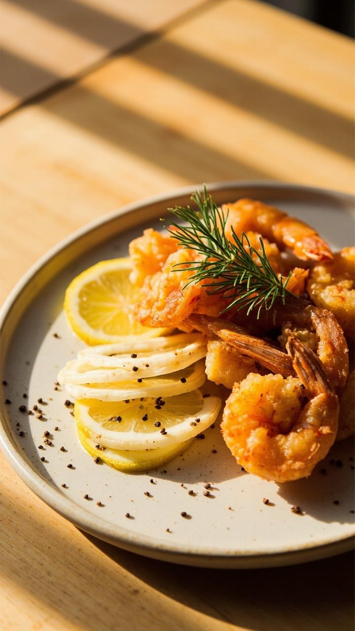 crispy golden shrimp lined on a pale ceramic plate, thin lemon slices fanned at the top, scattered cracked black pepper, small sprig of dill, light wood table