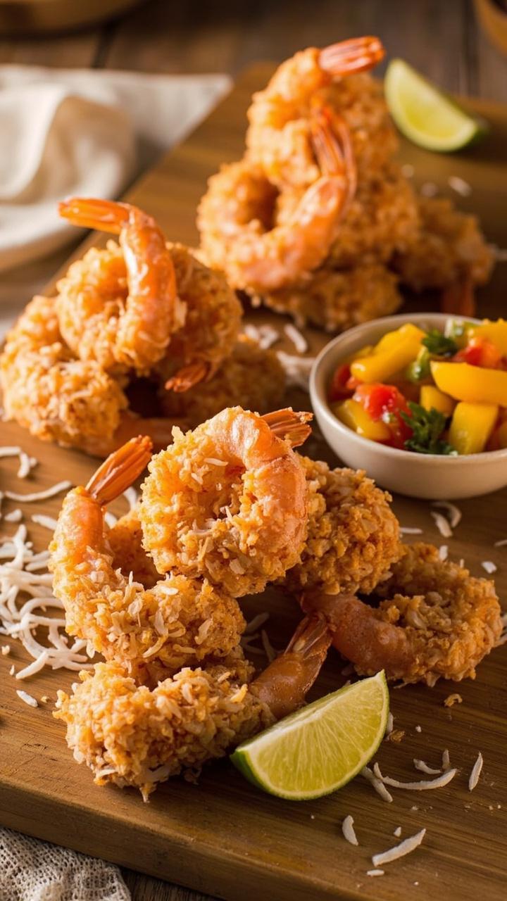 golden coconut coated shrimp stacked beside a small bowl of bright orange mango salsa, shredded coconut flakes scattered, lime wedge, bamboo serving board, casual napkin