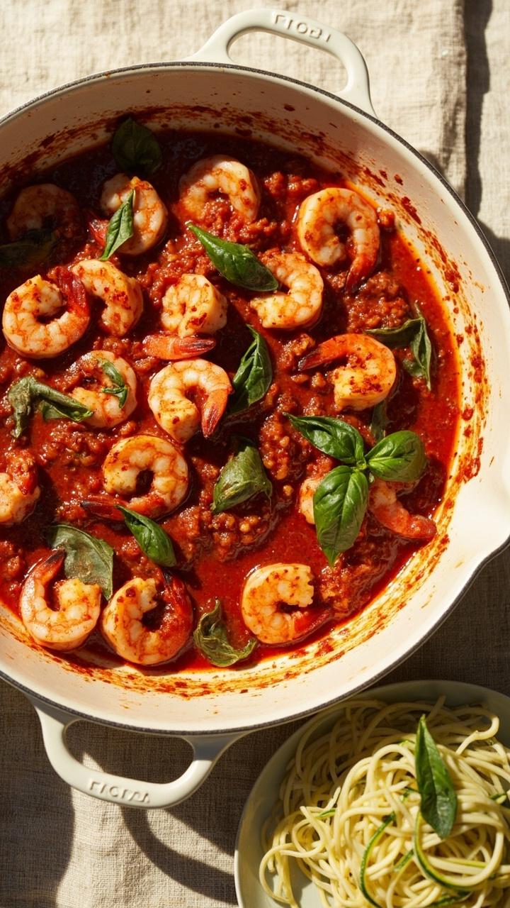 A white skillet with shrimp simmering in a chunky tomato and basil sauce, scattered with fresh basil leaves and served alongside a small pile of zucchini noodles on a pale linen runner.