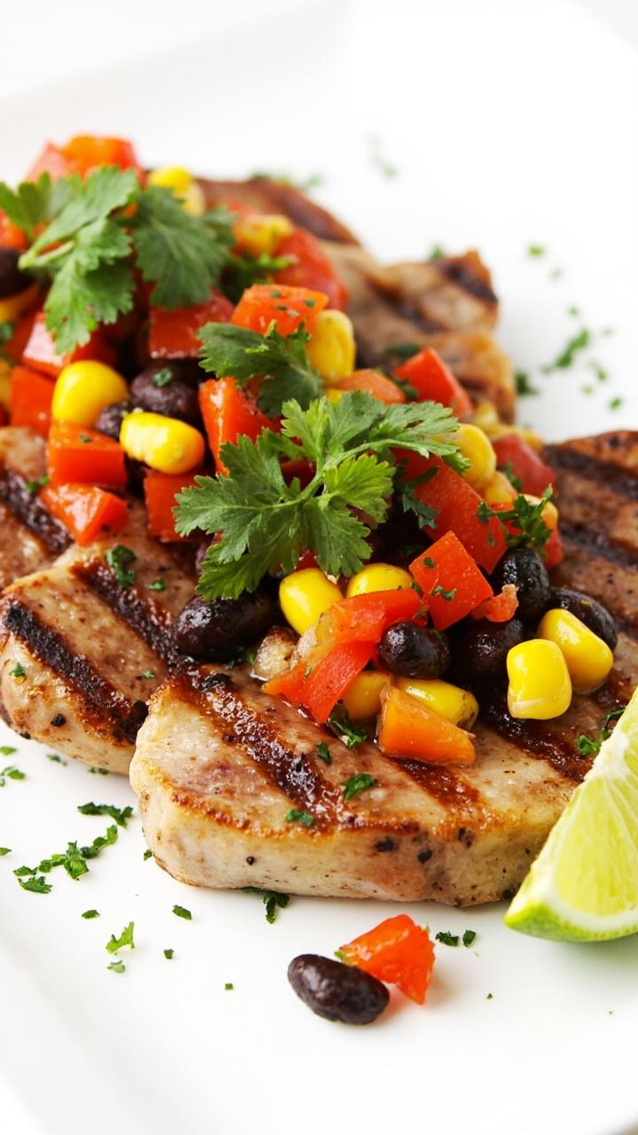 Grilled tuna steaks topped with a chunky corn, black bean, and red pepper salsa, plated on a white dish with a lime wedge and sprinkle of chopped cilantro. Grilled tuna steaks topped with a chunky corn, black bean, and red pepper salsa, plated on a white dish with a lime wedge and sprinkle of chopped cilantro.