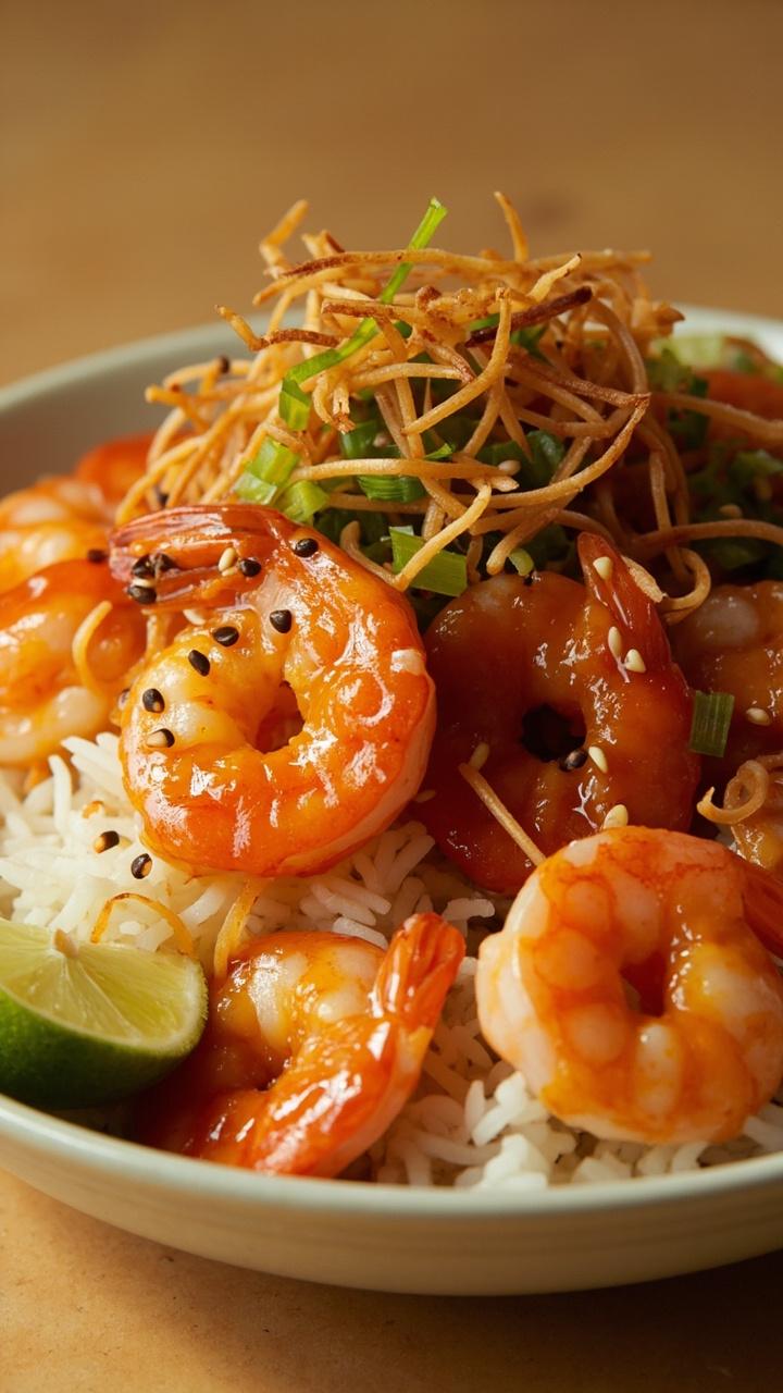 glossy sticky shrimp piled on a shallow bowl of steamed rice, drizzled with extra sauce, thinly sliced scallions and sesame seeds sprinkled on top, small lime wedge on the side