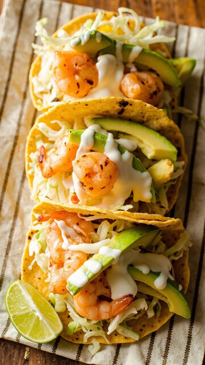 three corn tortillas each filled with a few charred shrimp, shredded cabbage, avocado slices, a drizzle of crema, lime wedge on the side, simple striped napkin