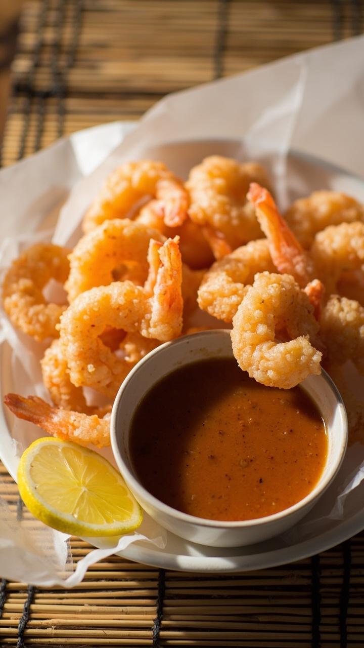 lightly battered pale golden shrimp lined on a paper lined plate, small dipping bowl of soy ginger sauce, thin lemon slice, bamboo mat under the plate