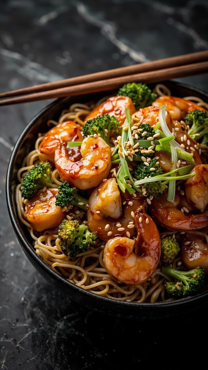 glazed shrimp arranged over bed of noodles with steamed broccoli florets, sesame seeds and sliced scallions on top, chopsticks resting on the bowl edge, dark stone counter