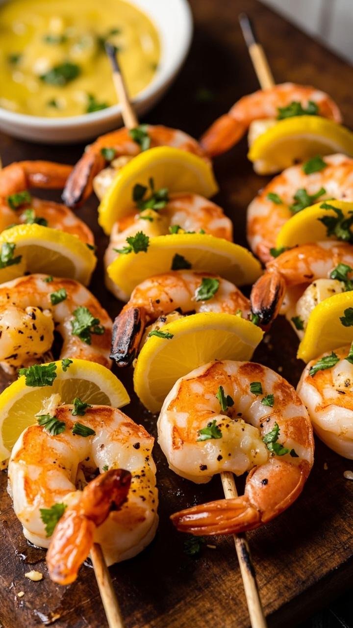 three wooden skewers with plump shrimp threaded between lemon slices, a small dish of melted garlic butter, chopped parsley sprinkled on top, grill marks visible on shrimp