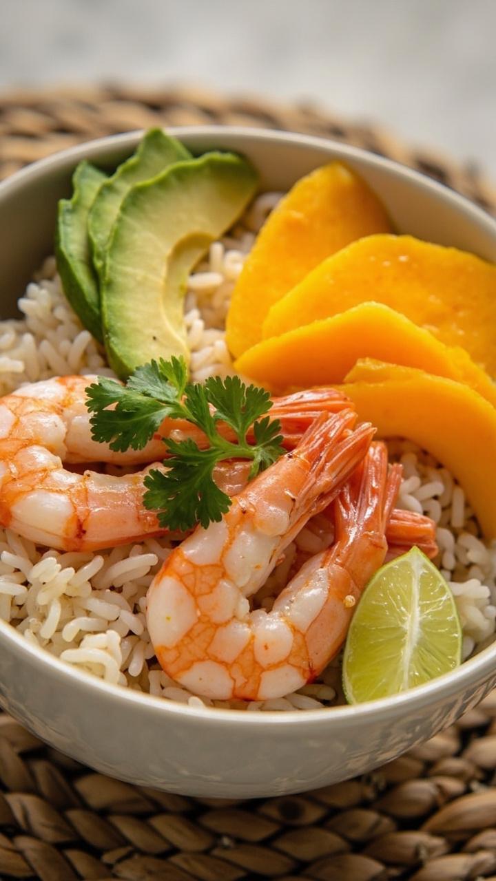shrimp arranged over a bowl of coconut rice with mango slices, avocado fan, and lime wedge, small cilantro sprig, light colored bowl on a placemat