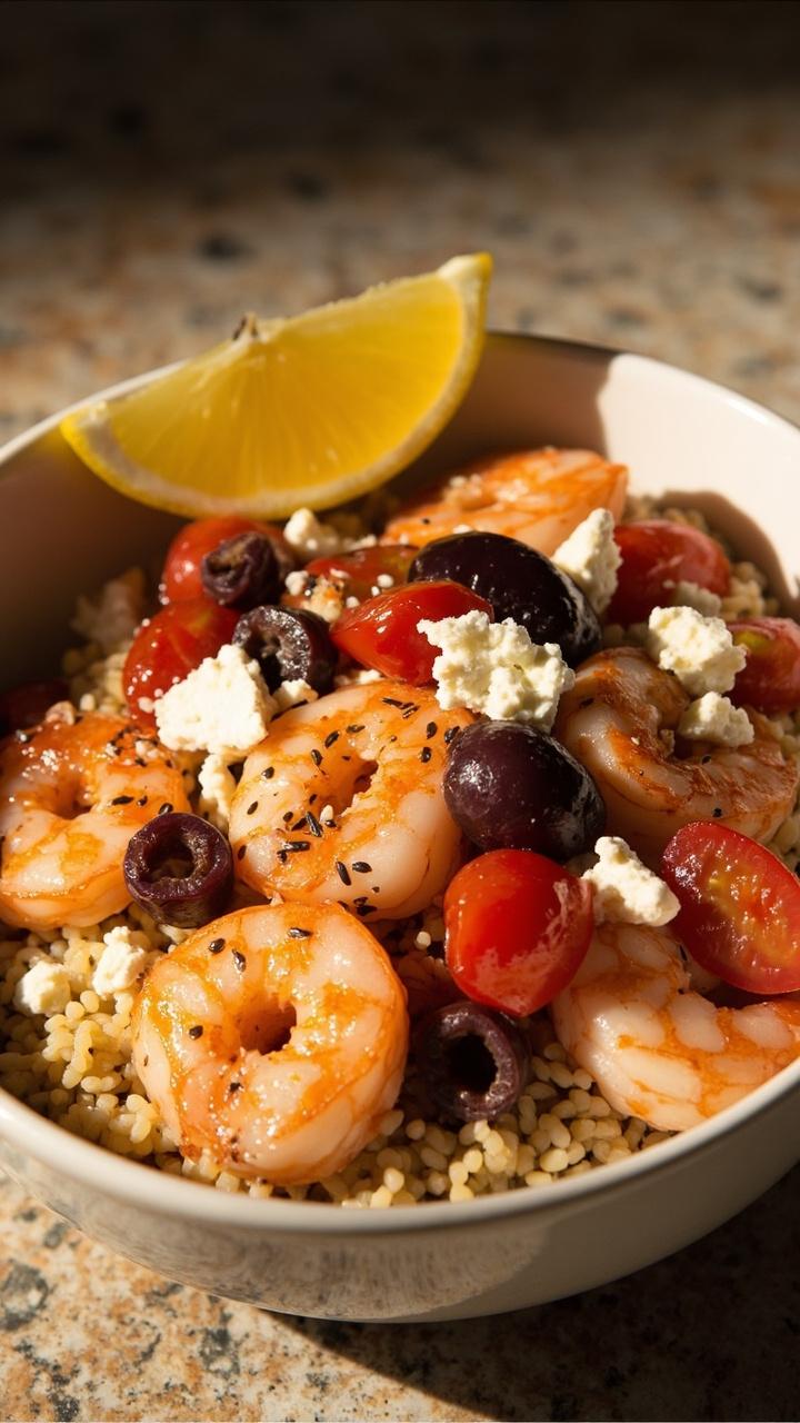 shrimp served over a bed of couscous with halved cherry tomatoes, Kalamata olives, crumbled feta, a lemon wedge, simple white bowl on a stone counter