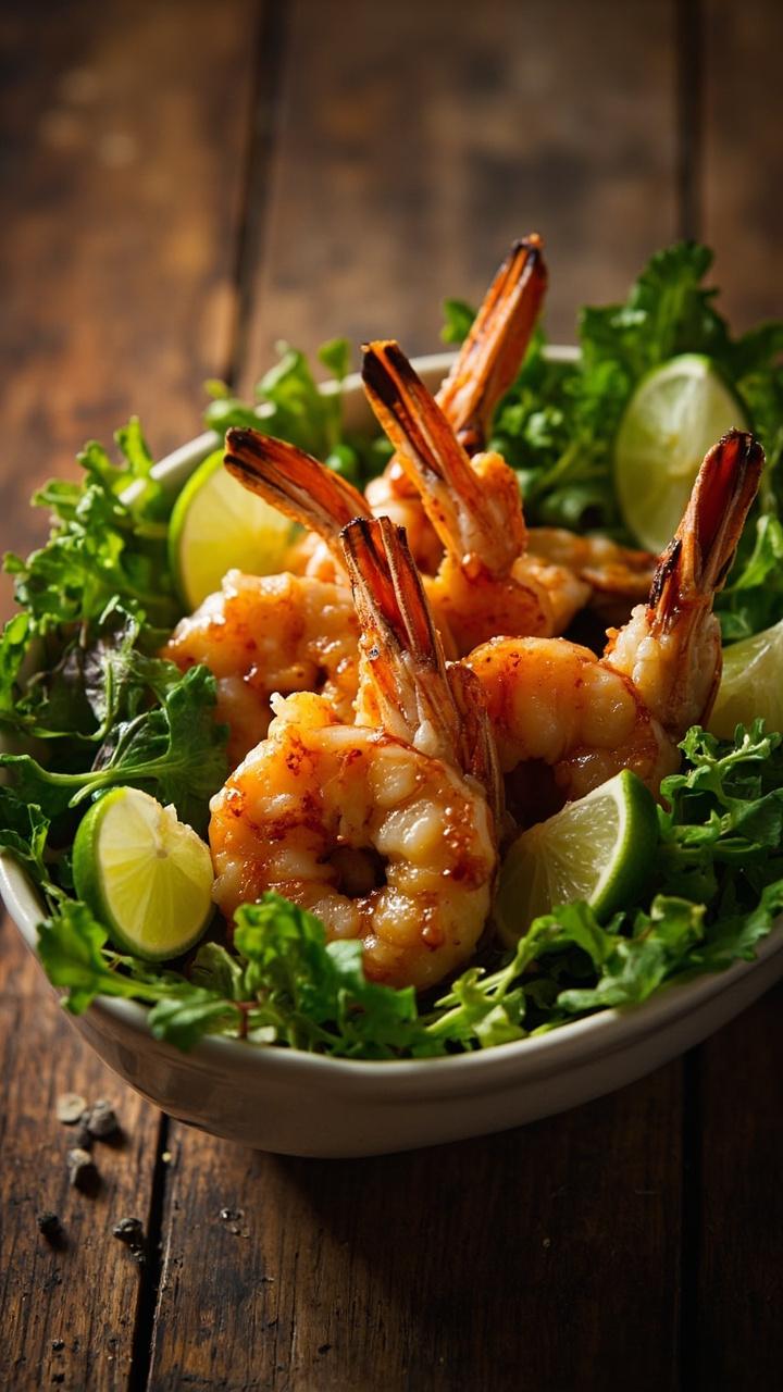 glazed shrimp on a shallow bowl of mixed greens, thin lime slices tucked among the leaves, a light drizzle of extra glaze, bright green herbs scattered