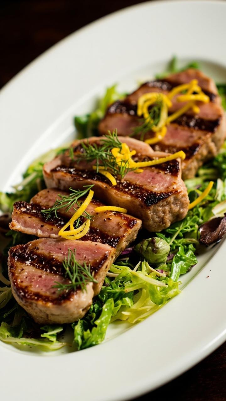 Grilled tuna steaks with flecks of dill, bright lemon zest shavings on top, surrounded by a simple bed of mixed greens on a large white oval plate. Grilled tuna steaks with flecks of dill, bright lemon zest shavings on top, surrounded by a simple bed of mixed greens on a large white oval plate.