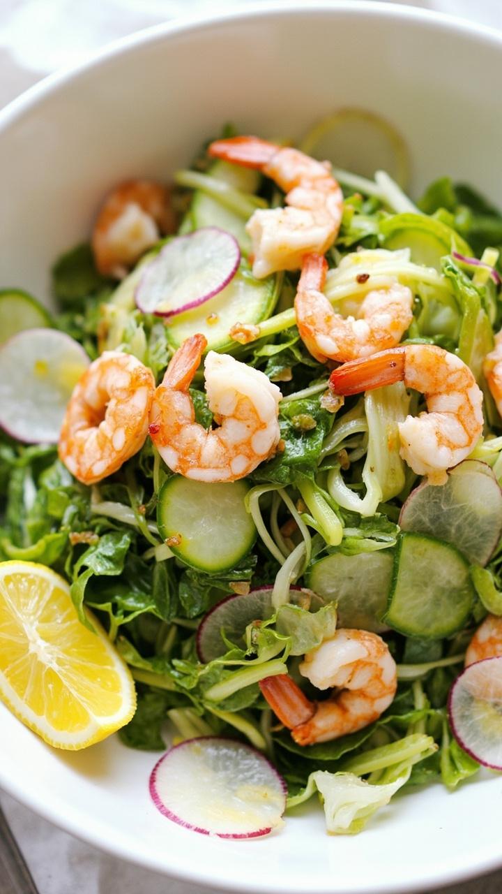 shrimp mixed into a bed of mixed greens with cucumber ribbons and radish slices, lemon wedge on the side, light dressing drizzled over, white salad bowl