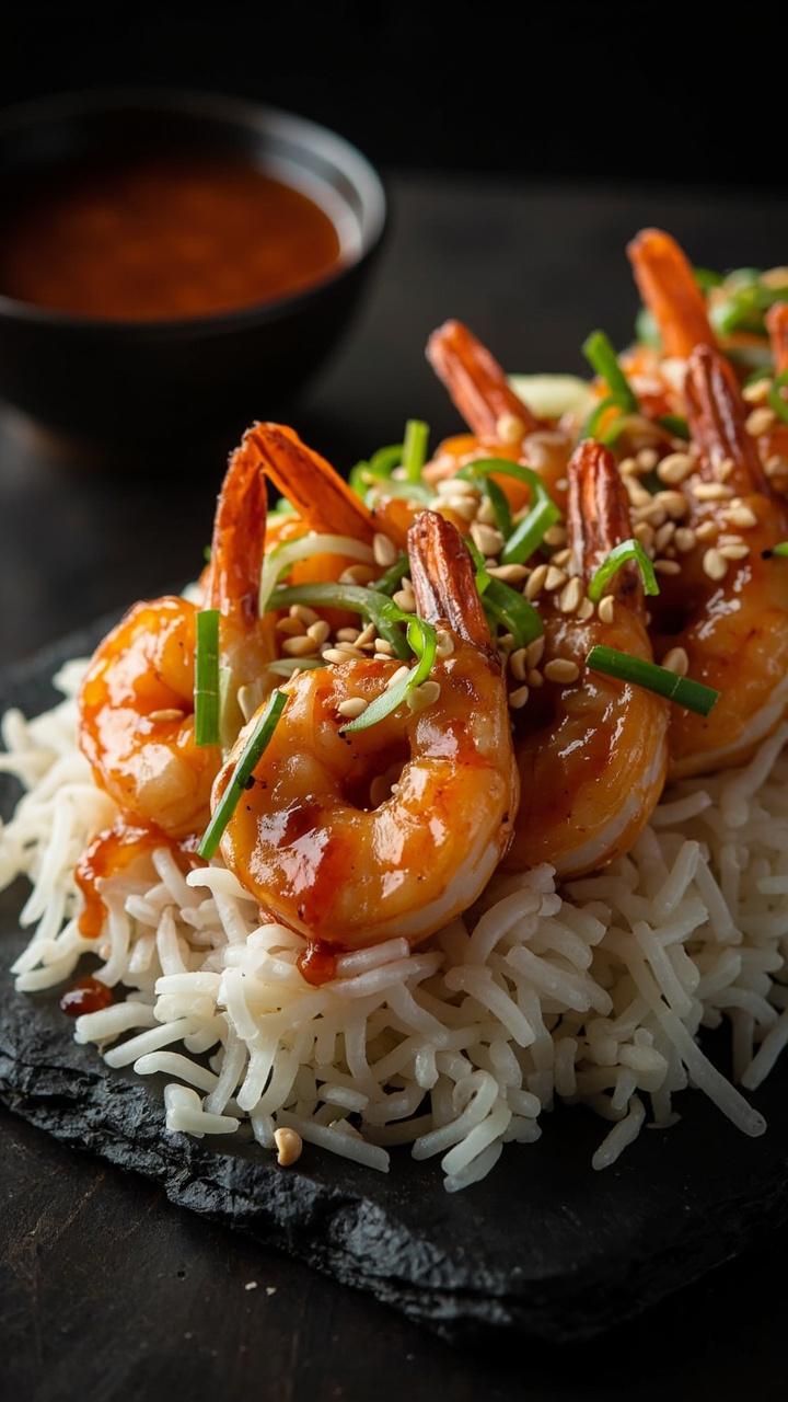 glazed shrimp layered on top of steamed white rice with sliced scallions and sesame seeds, small dish of extra teriyaki sauce at the side, dark slate surface