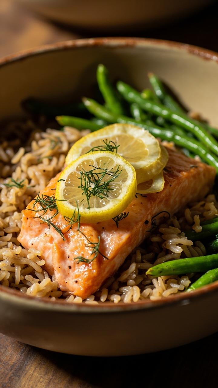 A deep beige bowl with warm brown rice, a fillet of salmon topped with chopped dill and thin lemon slices, steamed green beans on one side, a drizzle of olive oil glinting on the rice