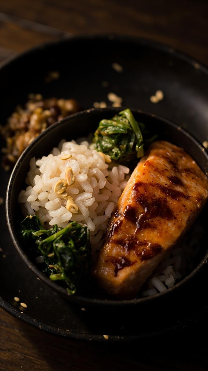 A round black bowl with glossy sticky rice, a golden miso butter glazed salmon fillet, sautéed baby spinach tucked to one side, a scattering of toasted sesame seeds