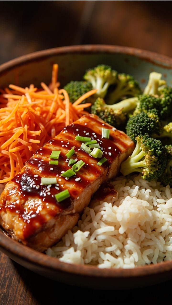 A wide shallow bowl with steamed white rice, a glazed teriyaki salmon fillet, a neat pile of shredded carrots, blanched broccoli florets, and a sprinkle of scallions