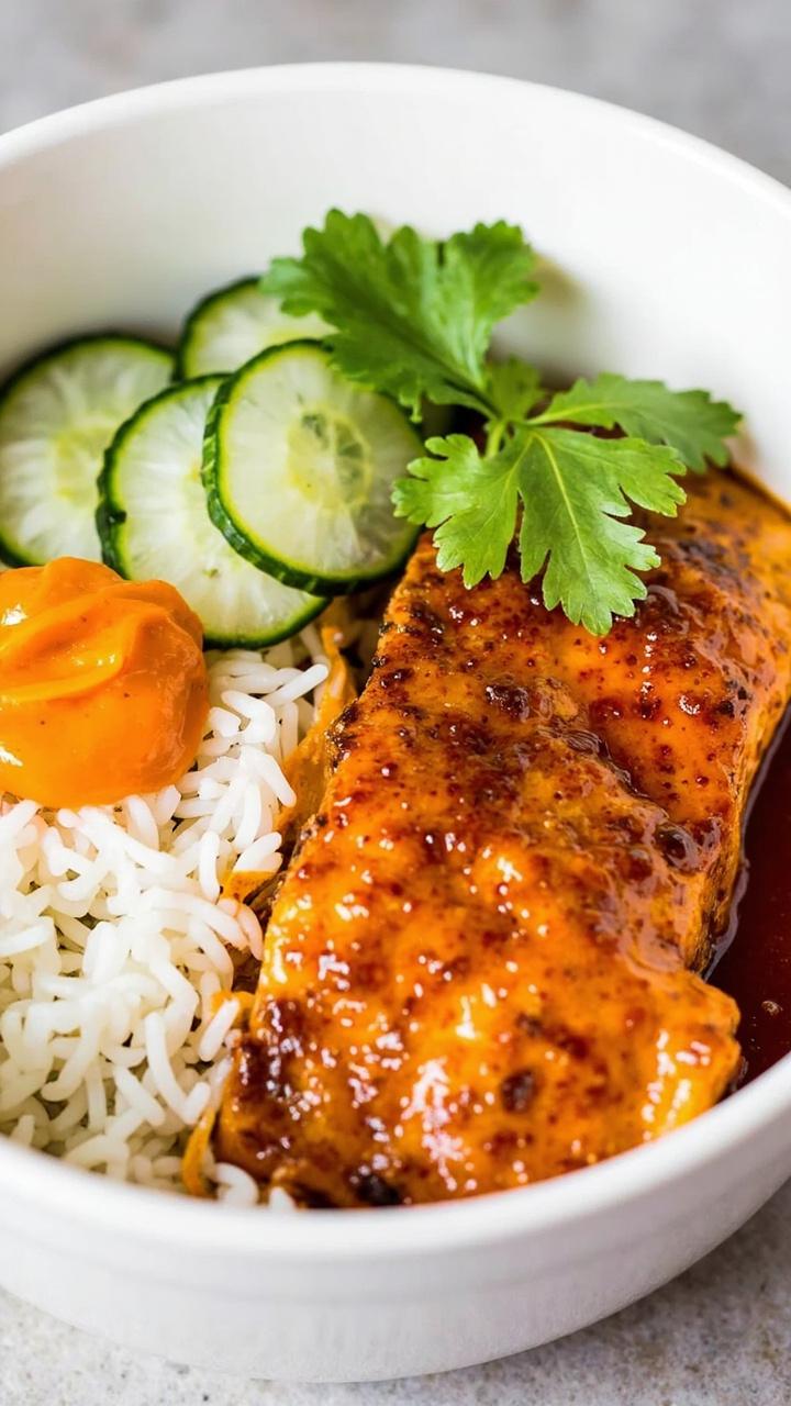 A ceramic bowl with fluffy rice, a pan seared salmon fillet glazed with spicy sauce, thinly sliced pickled cucumber arranged in a fan, a dollop of orange sriracha mayo on the side, cilantro leaves on top