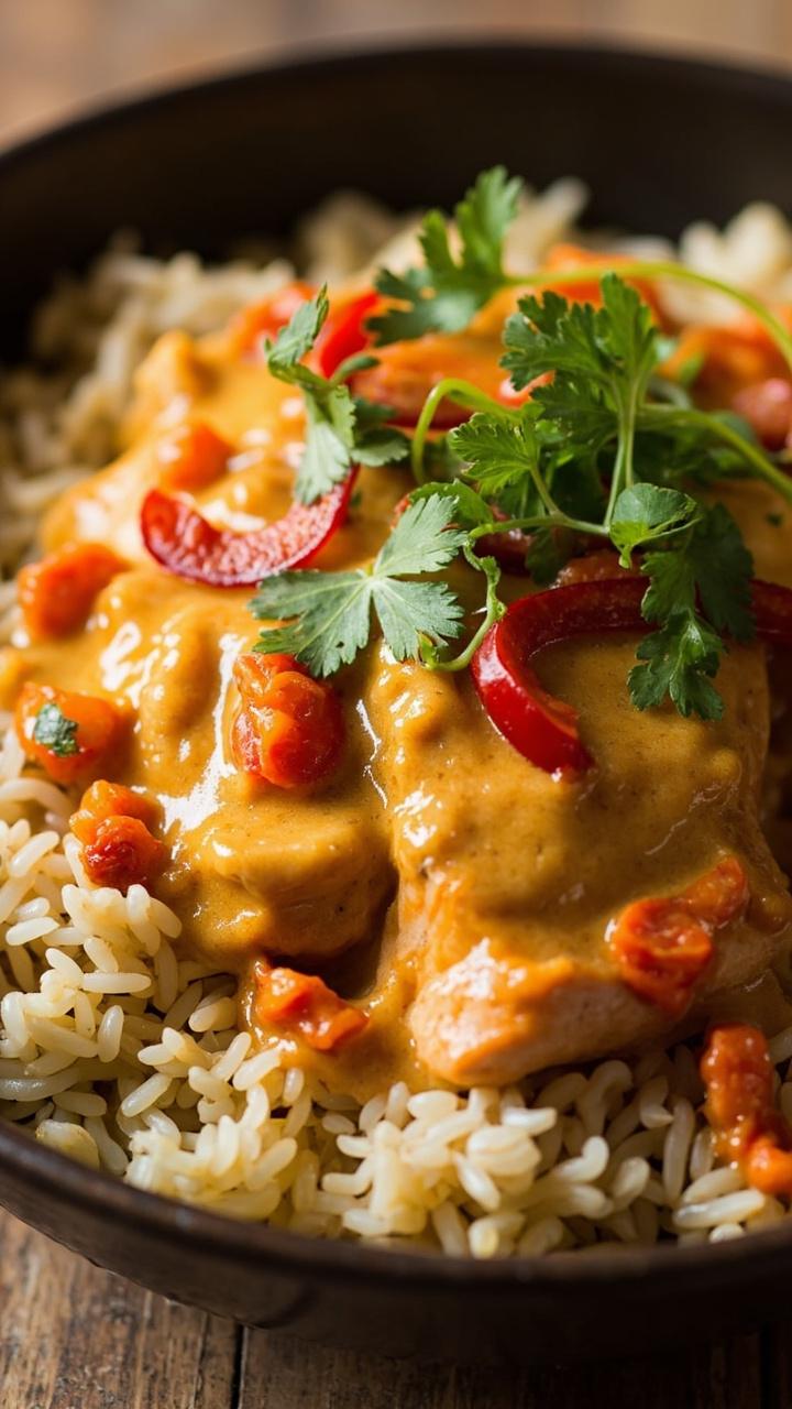 A deep bowl with coconut scented basmati rice, a salmon fillet nestled in a pale orange coconut curry sauce, thinly sliced red pepper and cilantro leaves on top