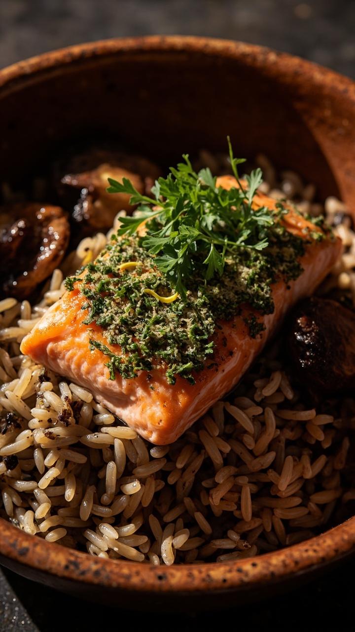 A deep earthy toned bowl filled with speckled wild rice, a roasted salmon fillet with visible herb crust, roasted mushrooms on the side, parsley sprinkled over the top