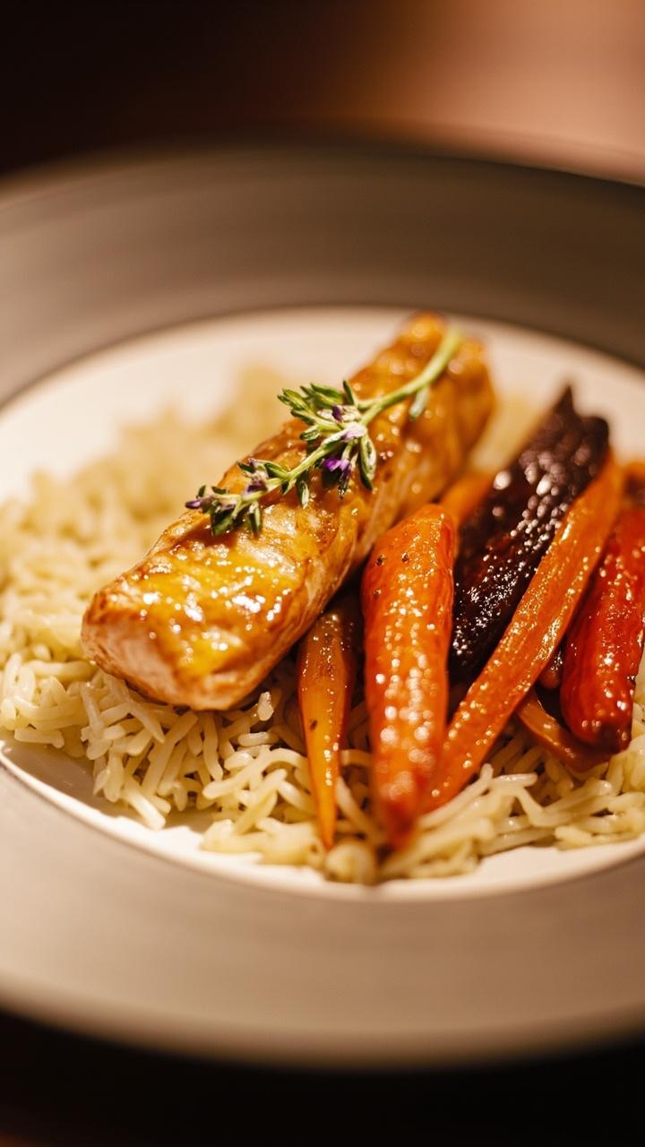 A white shallow bowl with steamed rice, a maple mustard glazed salmon fillet, roasted carrot batons arranged neatly, a few sprigs of thyme on top