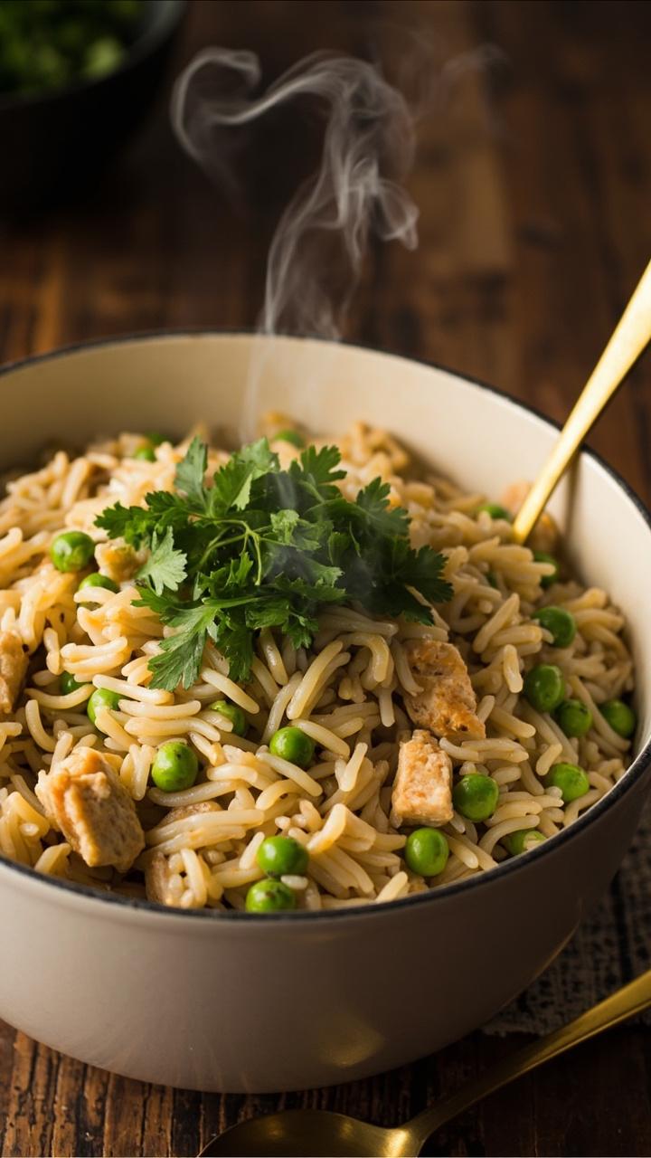 A large white pot filled with creamy rice speckled with chicken chunks and emerald peas, garnished with fresh parsley. A gold serving spoon rests nearby, and steam rises gently.