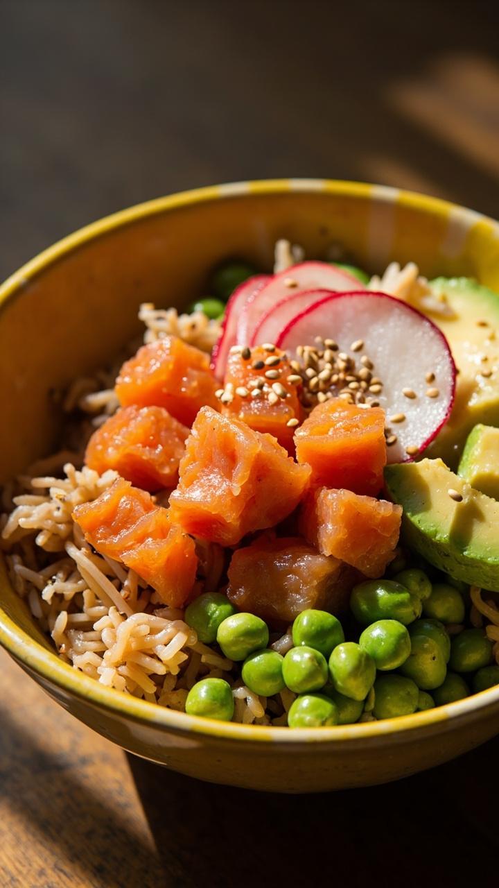 A bright bowl with sushi rice, cubed marinated salmon, shelled edamame, sliced radishes and avocado chunks, sesame seeds sprinkled over top
