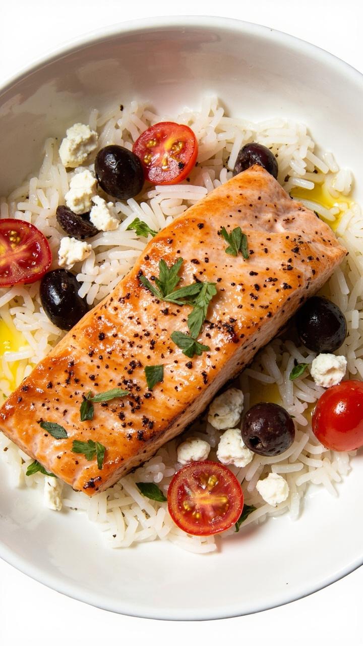 A shallow bowl with fluffy rice, a pan seared salmon fillet, halved cherry tomatoes, crumbled feta, chopped kalamata olives, and a drizzle of olive oil